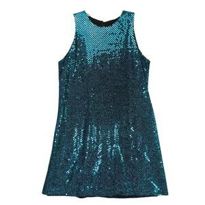 Vintage ALL THAT JAZZ Teal Sequin A-Line Party Cocktail Swing Dress Sz S Flapper